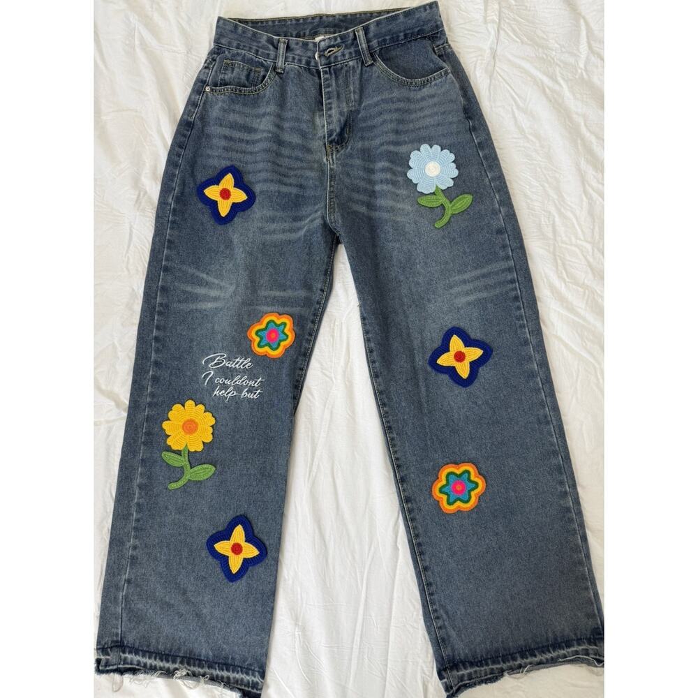 Women’s BATTLEKID Straight Blue Denim Jeans Embroidered Floral Button Zip